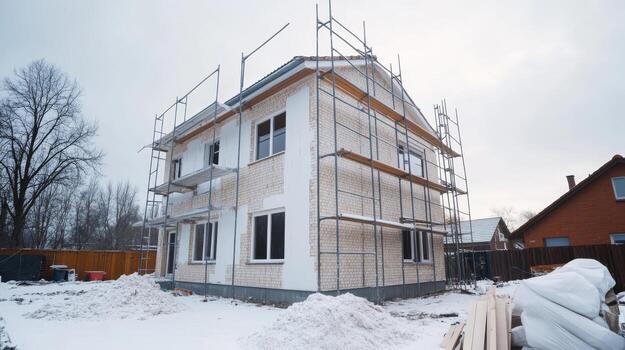 Construction of a residential building with scaffolding in a snowy winter landscape in a suburban area photo