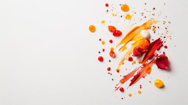Bright and colorful splash of paint and natural ingredients arranged artistically on a white background in a creative food art composition photo