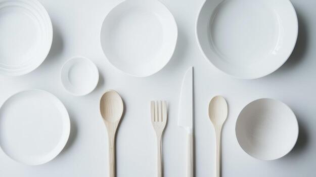 Collection of white kitchenware arranged neatly on a clean surface, featuring bowls, utensils, and plates for culinary use photo