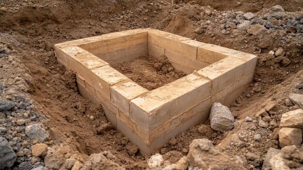 construcción sitio con un cuadrado hormigón Fundación preparado para edificio un estructura en un soleado día foto