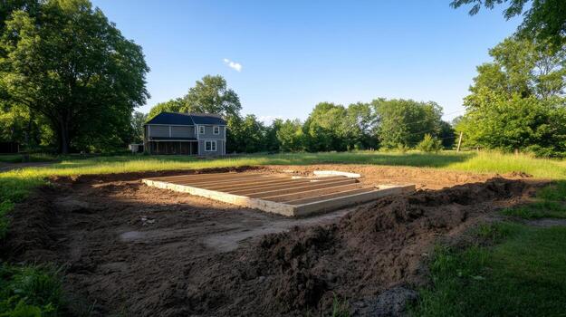 Construction site showing foundation preparation for new home in a rural setting during daylight hours photo
