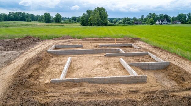 Building foundations with concrete blocks on a rural landscape under a partly cloudy sky photo