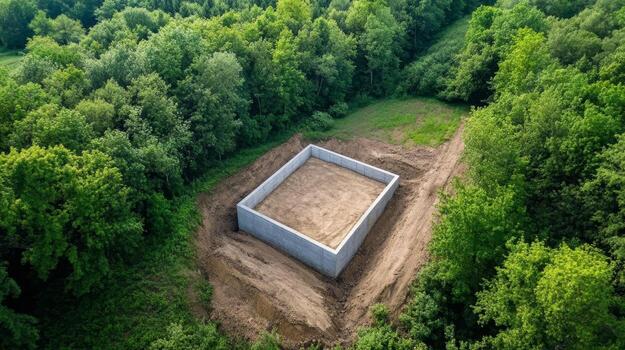 Construction site for a new building surrounded by lush forest in daytime photo