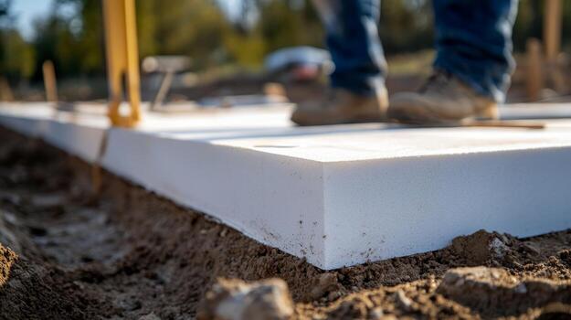 Construction worker inspecting concrete foundation slab at building site during daylight hours photo