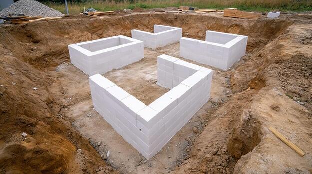 Construction site foundation layout featuring white concrete blocks in an unfinished setting photo