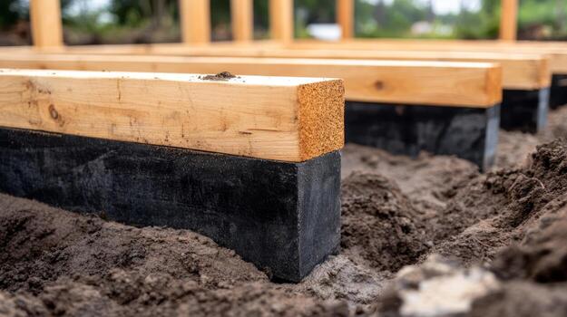 Wooden foundation beams on a construction site signal progress in building a new structure in a rural area photo