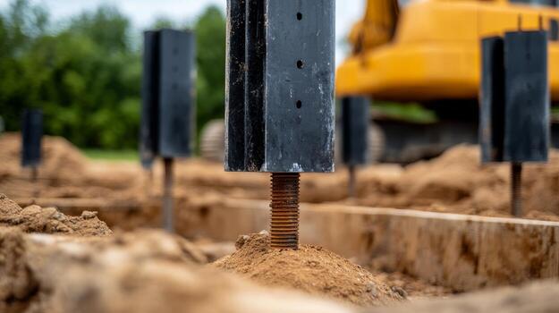 Heavy machinery at a construction site with foundation piles being installed into the ground photo