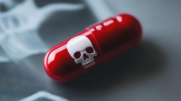 Red capsule with a skull symbol on an x-ray background highlighting themes of danger and illicit substances photo