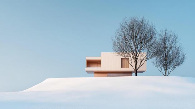 Modern architecture nestled in a winter landscape with trees and snow photo