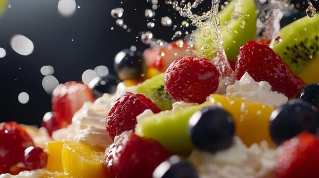 Delightful fruit salad with a splash of water, highlighting fresh berries, kiwis, and whipped cream on a dark background photo
