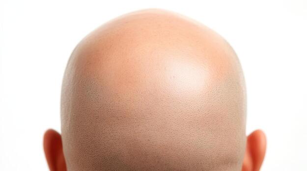 Close-up view of a bald head reflecting light with a smooth texture against a neutral background photo