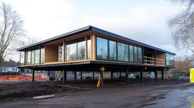 Modern building under construction with large glass windows and elevated foundation in a residential area during cloudy weather photo