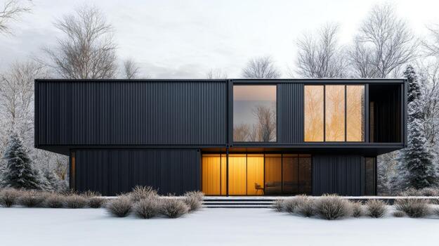 Modern black house with large windows illuminated in winter landscape photo