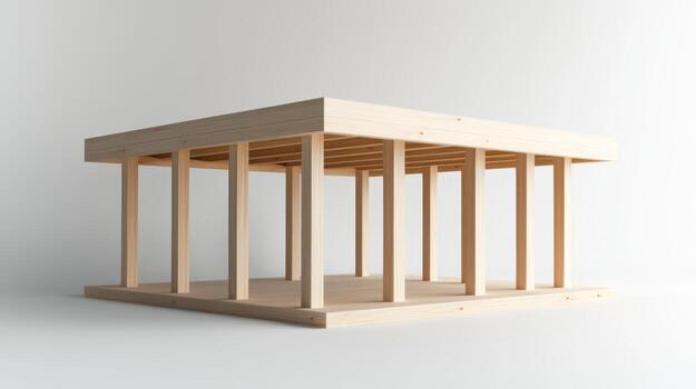 Wooden architectural model showcasing structural design elements in a minimalist setting photo
