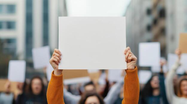 Demonstrators hold blank signs during peaceful protest in urban setting, highlighting the call for attention and change photo