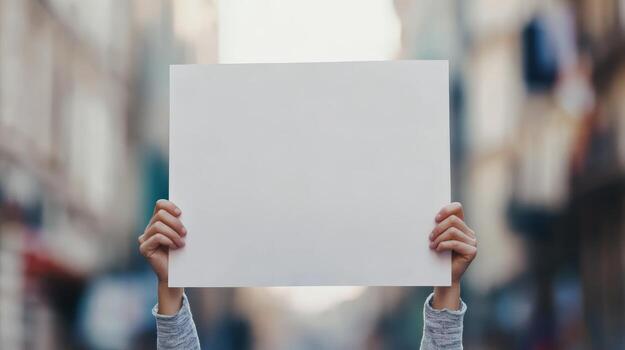 Blank sign held up by person in an urban setting, showcasing freedom of expression and communication in a vibrant city atmosphere photo