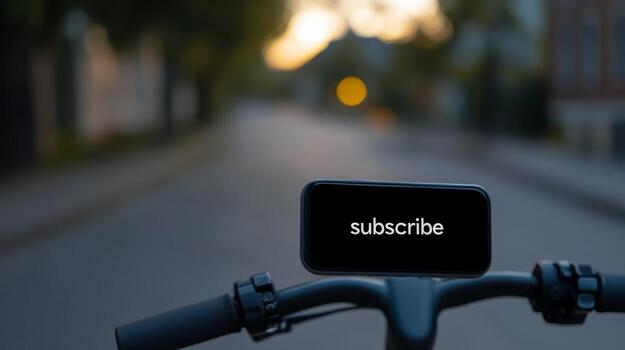 Smartphone mounted on bicycle handlebar displaying subscribe prompt during evening ride in quiet urban environment photo