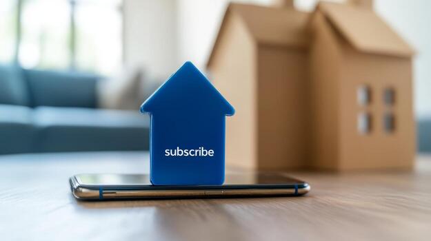 Blue subscribe house icon placed on smartphone with soft-focus cardboard houses in background photo