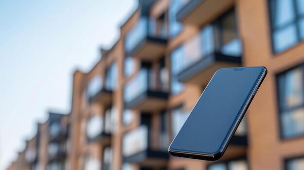 Modern smartphone floating against a backdrop of contemporary apartment buildings during daylight hours photo