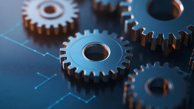 Metal gears on a blue digital background demonstrating engineering concepts and mechanical precision in a modern workspace photo