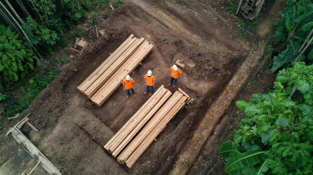 Construction team coordinating the storage of timber on a building site in a forested area photo
