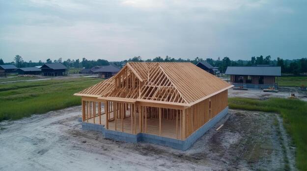 Construction of a wooden frame house in a residential development under a cloudy sky photo