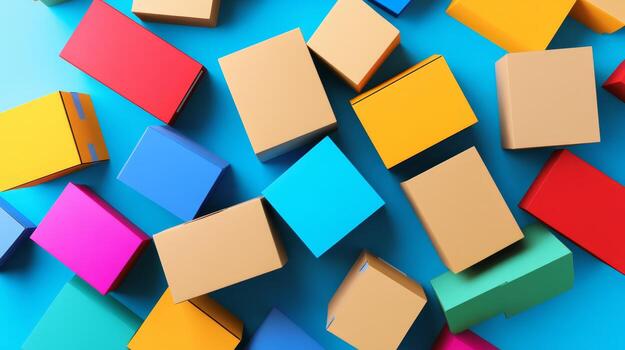 Colorful cardboard boxes scattered on a vibrant blue background create a lively and playful visual design for packaging or creativity photo