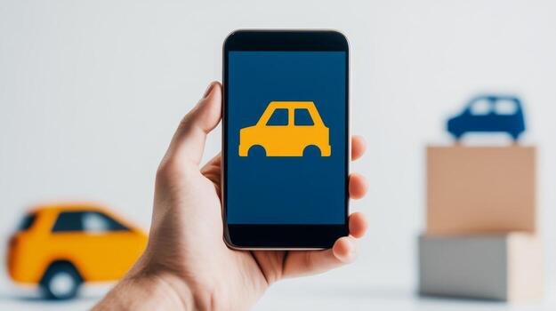 móvil aplicación exhibiendo coche modelos con un mano participación un teléfono inteligente en contra un sencillo fondo foto