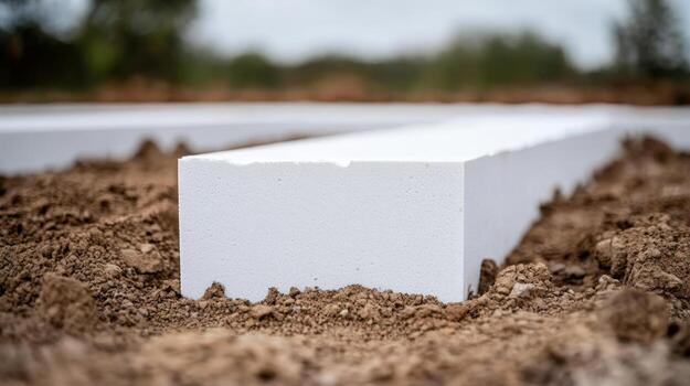 Construction foundation preparation with white blocks on a dirt site under overcast sky photo