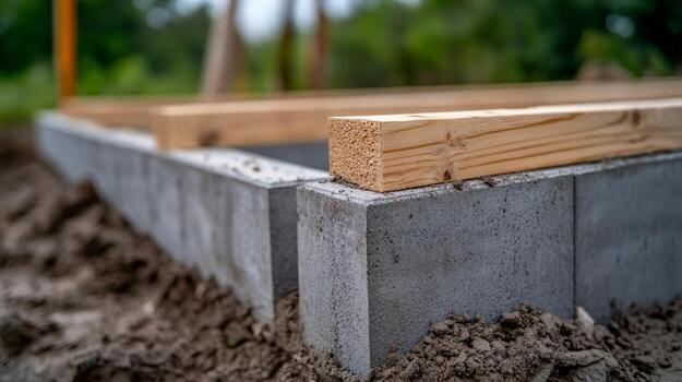 Construction of a wooden structure with foundation blocks on a building site photo