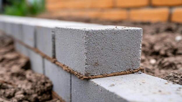 Construction of a concrete block wall in a residential setting during daylight hours photo