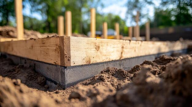 Construction site featuring wooden structures on a foundation in a sunny environment during the day photo