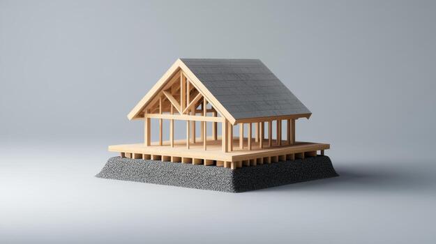 Wooden architectural model showcasing modern design on a textured base with clean lines photo