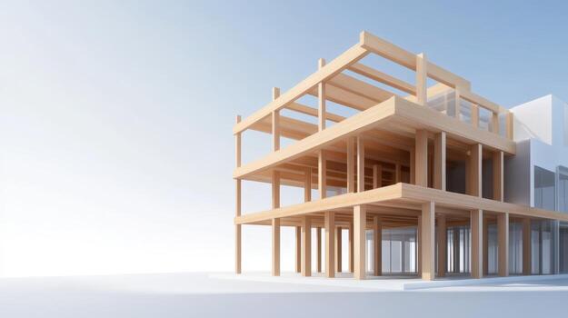 Modern wooden architectural structure under construction in bright daylight showcasing innovative design elements and materials photo