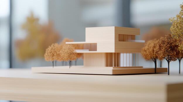 Architectural model of a modern house surrounded by miniature trees on a wooden table in a bright indoor space photo