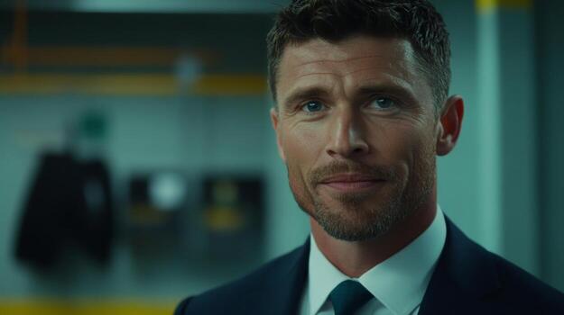 Confident businessman in formal attire smiles in modern office setting showcasing professionalism and charisma photo