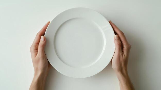 Hands holding a clean white plate on a minimalistic background in a light setting photo