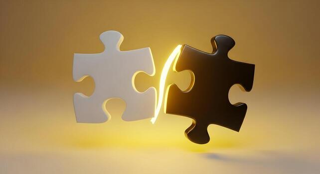 Complementary Jigsaw Pieces Symbolizing Unity and Connection on Golden Background, Conceptual and Metaphorical photo