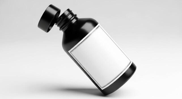 black bottle mockup with blank label, open cap, elegant design, product packaging, medicine container, cosmetic jar, branding template, studio shot, clean minimalist style, isolated on white photo