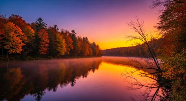 magical autumn sunrise over serene lake colorful trees mirrored in still waters photo