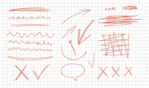 Collection of hand-drawn line sketches on graph paper vector