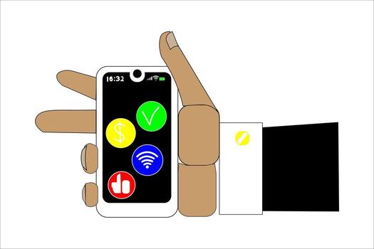 mano participación teléfono inteligente con vistoso aplicación íconos desplegado. vector