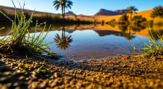 serene oasis palm trees reflecting in calm desert water at dawn photo