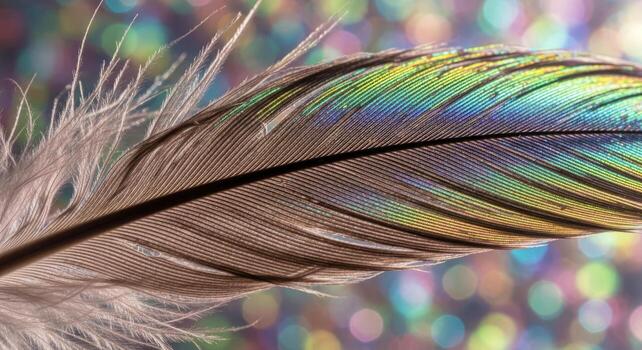 closeup macro shot of iridescent bird feather, detailed texture, vivid colors, nature photography photo