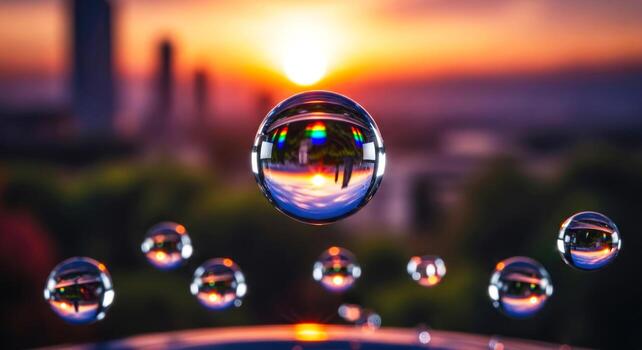 sunset reflection in crystal spheres, abstract photography, colorful bubbles, orb, cityscape photo