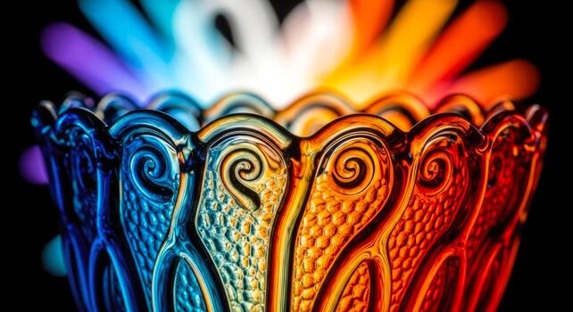 vibrant glass vase with intricate , colorful lighting, closeup macro shot photo