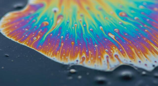 resumen vistoso petróleo derramar arco iris patrón, iridiscente líquido, vívido remolinos, macro fotografía foto