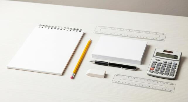 blank notepad, pencil, pen, calculator, and ruler mockup on desk photo