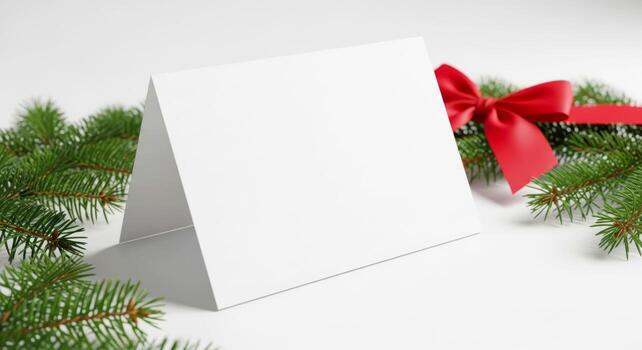 blank christmas card mockup with red bow and fir branches photo