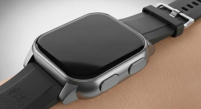 sleek smartwatch with dark gray band on a wrist, modern technology device photo